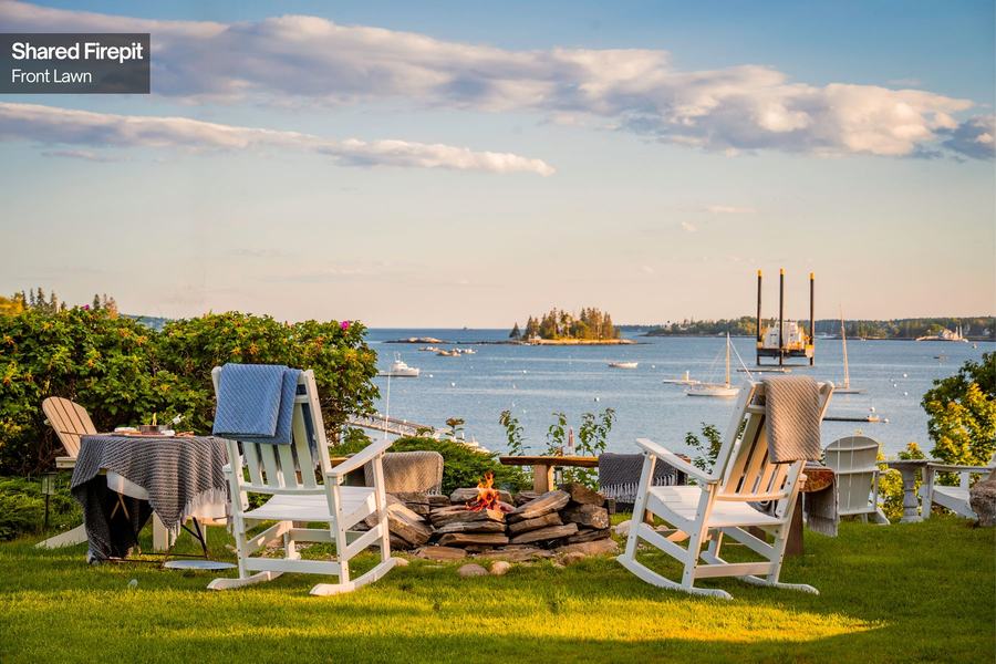 Adirondack chairs overlooking the water at Boothbay Harbor